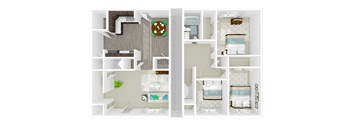 A floor plan of a house with two bedrooms and a living room.