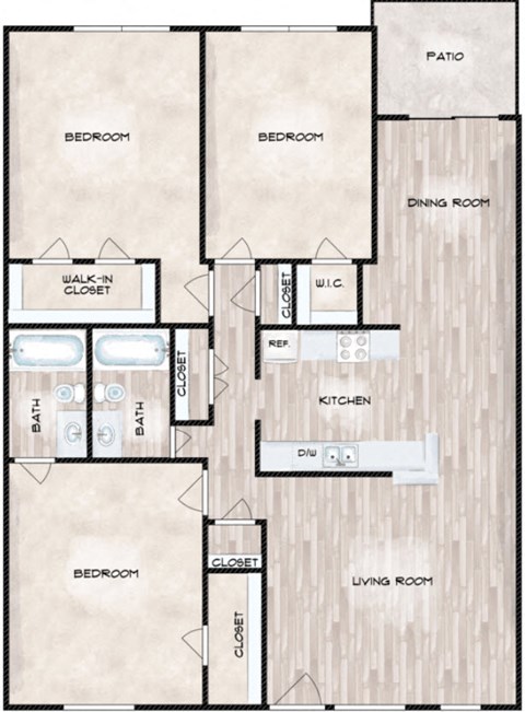 a plan of a floor with two bedrooms and a bathroom