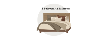 A bedroom with three beds and two bathrooms.