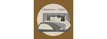 A graphic of a bed with pillows and a blanket with the text "2 Bedroom - 1 Bath" above it.