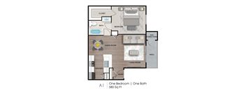 A 580 square foot home with one bedroom and one bath.