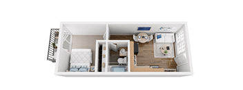 A top-down view of a small, neatly organized apartment with a bedroom, kitchen, and bathroom.