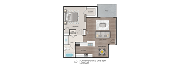 A 2 bedroom apartment with one bathroom is shown in the image.