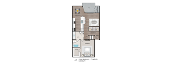 A 654 square foot apartment with one bedroom and one bath.