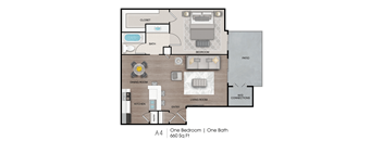 A floor plan of a one bedroom apartment with one bath and a living room.