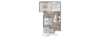 A5 floor plan of a one bedroom apartment with one bath.
