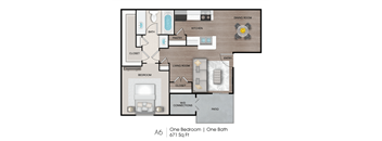 A floor plan of a one bedroom apartment with one bath.