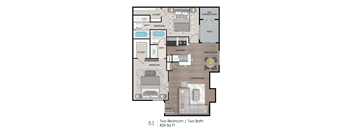 A floor plan of a two bedroom, two bath apartment.