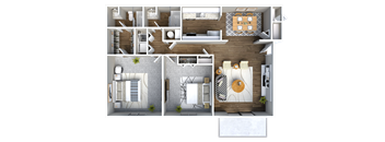 A 3D rendered image of a house layout.