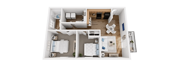 A top-down view of a small apartment with a bedroom, living room, and kitchen.