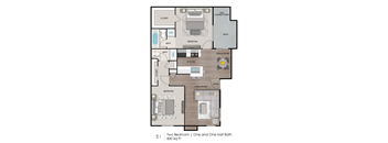 A floor plan of a one and one half bath apartment with two bedrooms.