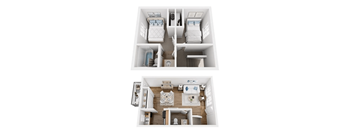 A top-down view of a small apartment with two bedrooms and a living area.