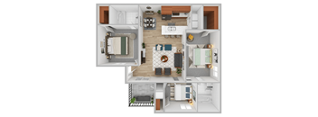 A top-down view of a small apartment with a kitchen, living room, and bedroom.