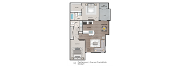 A floor plan of apartment B2 with two bedrooms and one and one half bath.