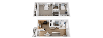 A top and bottom floor plan of a house with a kitchen, living room, bedrooms and bathrooms.