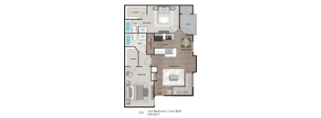 A floor plan of a two bedroom, two bath apartment.