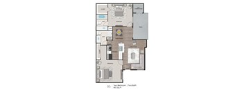A floor plan of a two bedroom, two bath apartment.