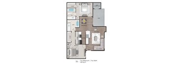 A floor plan of a two bedroom apartment with two bathrooms.
