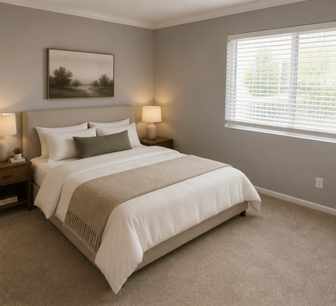 A bedroom with a large bed and two lamps.
