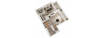A top-down view of a modern apartment layout with a kitchen, living room, dining area, and bathroom.
