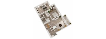 A top-down view of a modern apartment layout with a living room, kitchen, and two bedrooms.