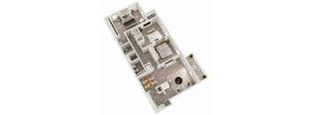 A top-down view of a house layout with a living room, kitchen, dining area, and bedrooms.