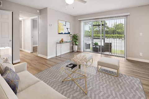 A living room with a white couch and a grey rug.