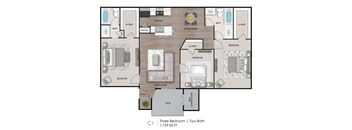 A floor plan of a home with three bedrooms and two bathrooms.