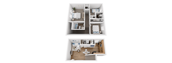 A top and bottom floor plan of a small apartment.