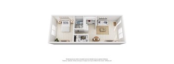 A 3D image of a small bathroom with a toilet, sink, and bathtub.