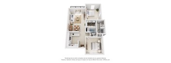 A 3D floor plan of two bedroom two bath apartment with a kitchen, living room, dining room, and bathrooms.