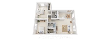 A white 3D floor plan of a two bedroom two bathroom apartment  with a bedroom, kitchen, bathroom, and living room.