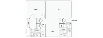 A floor plan of a house with labeled rooms such as sleep, live, and kitchen.
