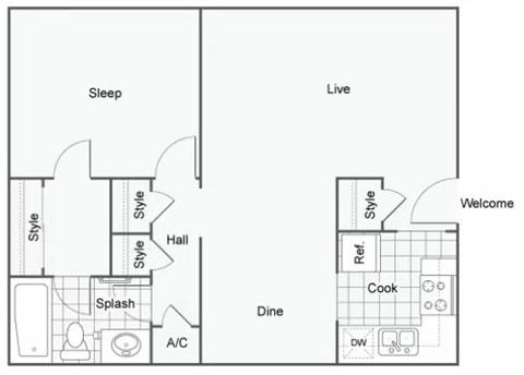 A floor plan of a house with labeled rooms such as sleep, live, and kitchen.