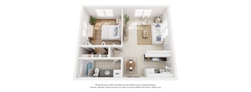 A 3D floor plan of a small apartment with a bedroom, bathroom, and kitchen.