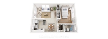 A 3D floor plan of a small apartment with a bedroom, living room, kitchen, and bathroom.