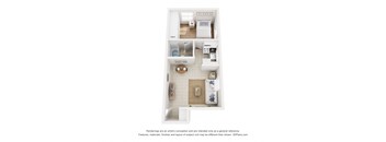 A 3D floor plan of a small apartment with a kitchen, living room, and bathroom.