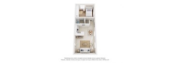 A floor plan of a studio apartment with a kitchen, living room, and bathroom.