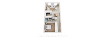A 3D floor plan of a small apartment with a kitchen, living room, and bathroom.