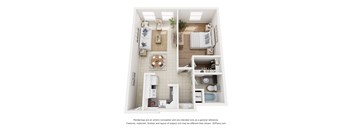 A 3D floor plan of a small apartment with a kitchen, living room, and bathroom.