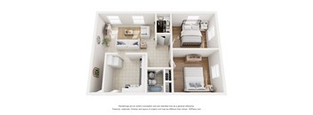 A 3D floor plan of a small apartment with a kitchen, living room, and bedroom.