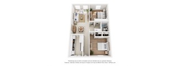 A floor plan of a two-bedroom apartment with a kitchen, living room, and bathroom.