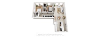 A 3D floor plan of a house with a kitchen, living room, and bathroom.