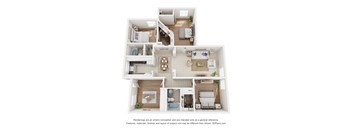A 3D floor plan of a house with a kitchen, living room, and bathrooms.
