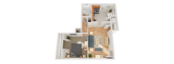 A 3D floor plan of a small apartment with a living room, kitchen, and bedroom.