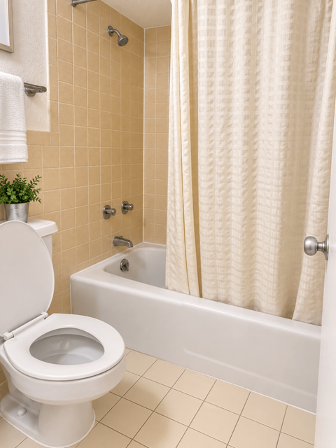 A white toilet sits next to a bathtub in a bathroom.