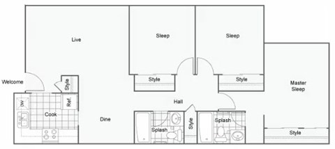 A floor plan of a house with labeled rooms such as "Live", "Sleep", "Dine", and "Master Sleep".