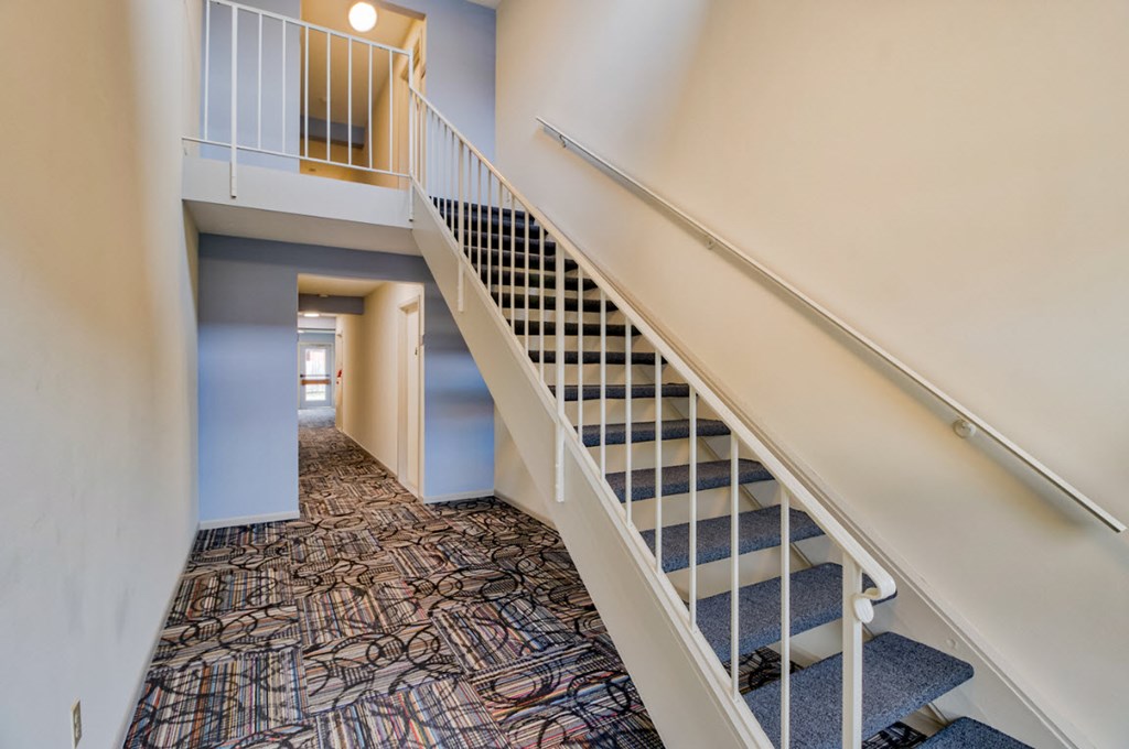 A staircase with a metal railing and a patterned carpet.
