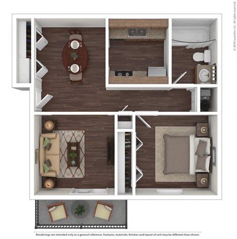 A floor plan of a house with a dining area, living room, kitchen, and bathroom.