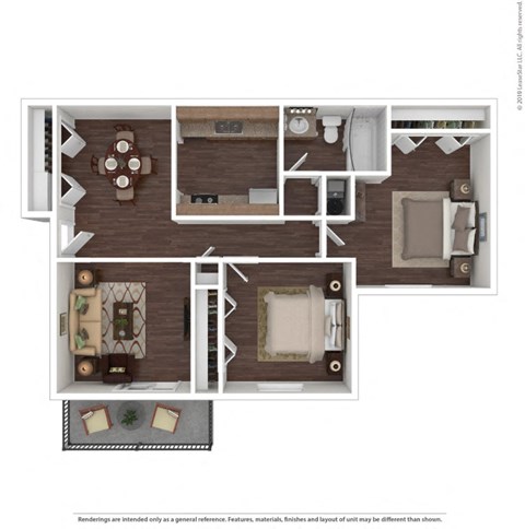 A floor plan of a two-bedroom apartment with a living room, kitchen, and bathroom.